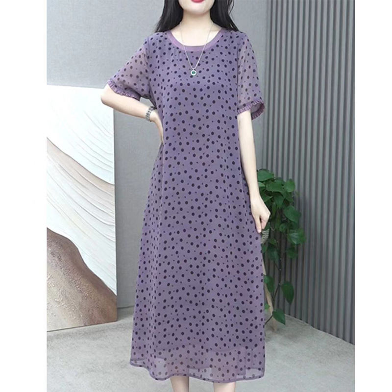 Summer Clothing For 60 Year Old Woman - Elegant O-Neck Printed Polka Dot Chiffon