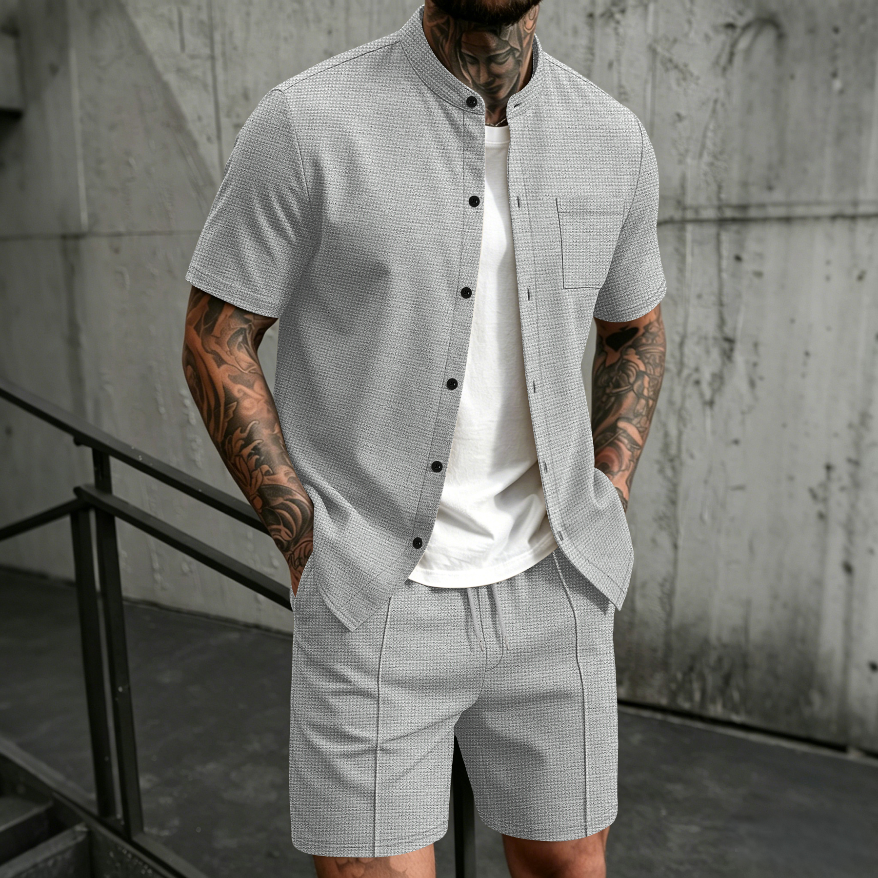 Summer Clothing Men - Men's 2 Piece Outfit, Stand Collar