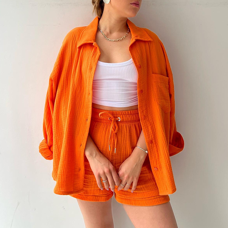 Summer Clothing Set For Girls - Women Two-piece Set Orange Wrinkled Lapel