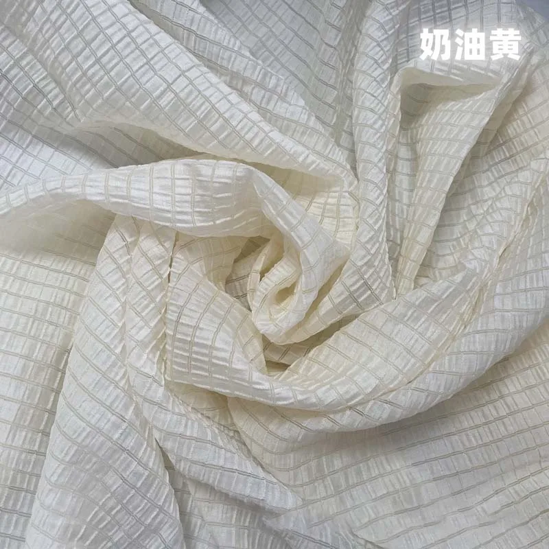 Cream Yellow Checkered Fabric  - Summer Clothing Material reseña y precio