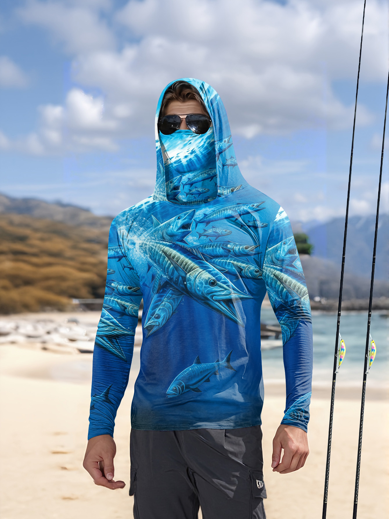 Men Hood Fishing Shirt long sl - Rash Guard Long Sleeve reseña y precio
